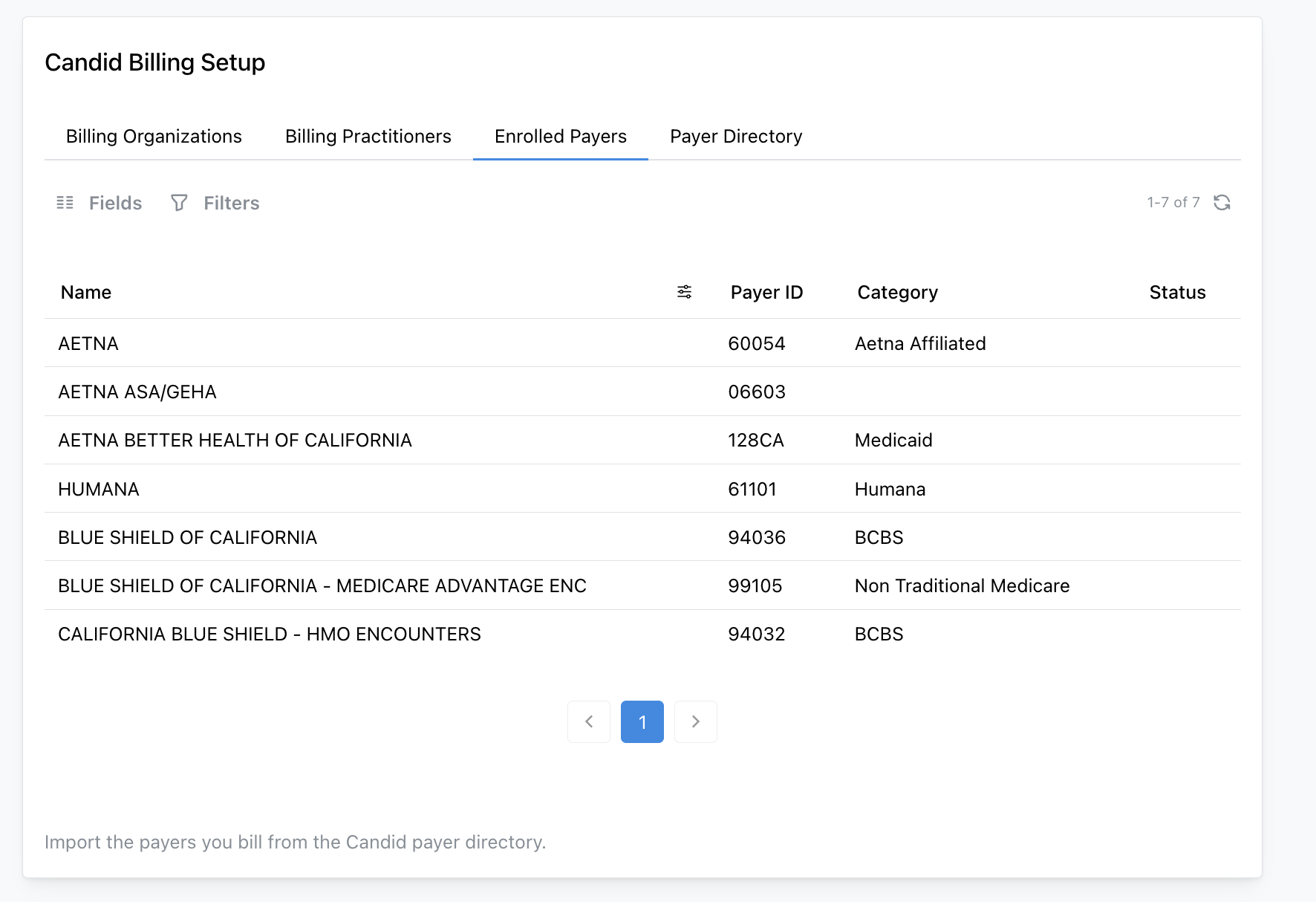 Enrolled Payers tab listing imported payers