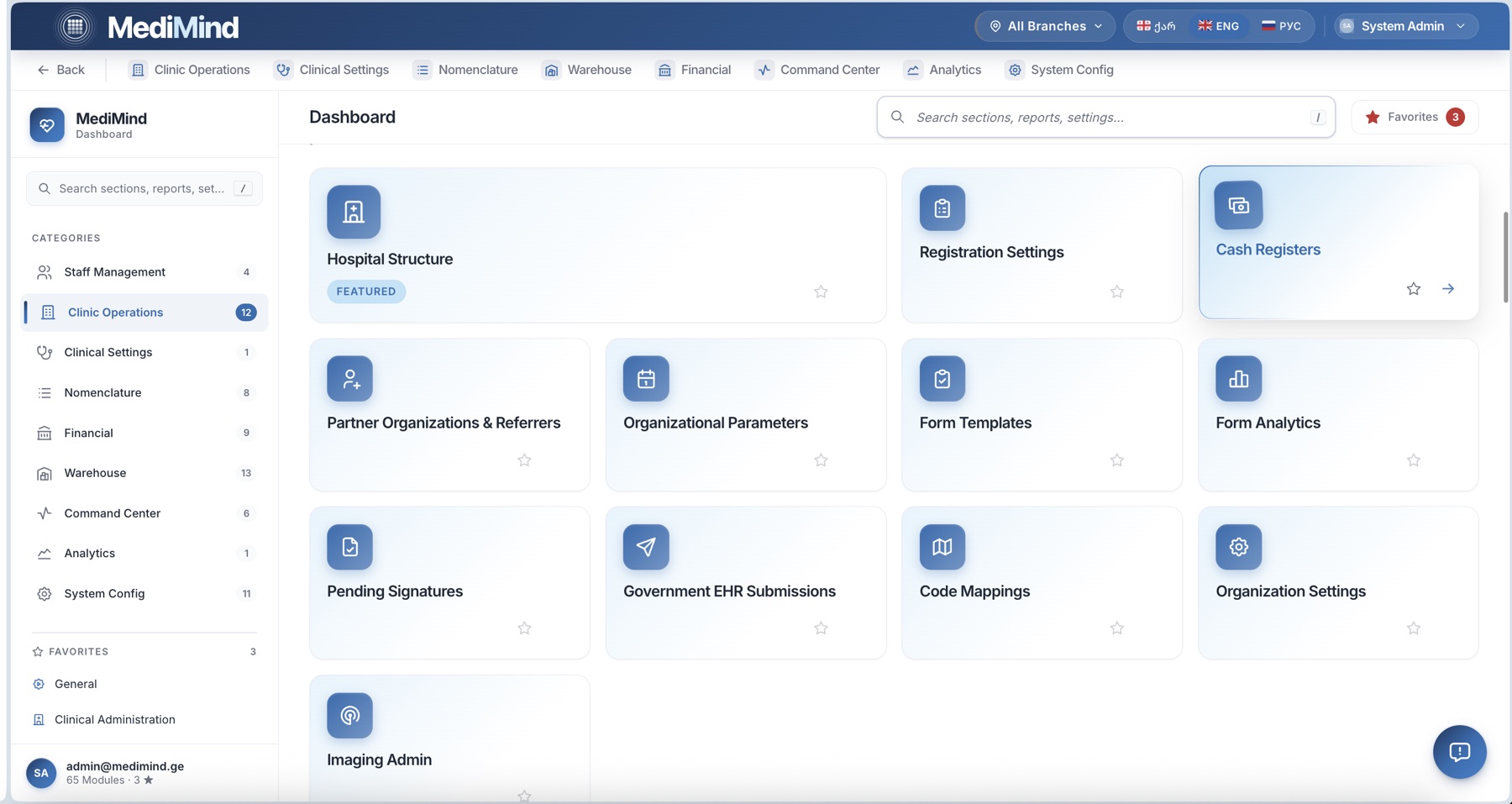 MediMind administrative modules: 65 modules across clinic operations, warehouse, financial, command center and analytics, one codebase