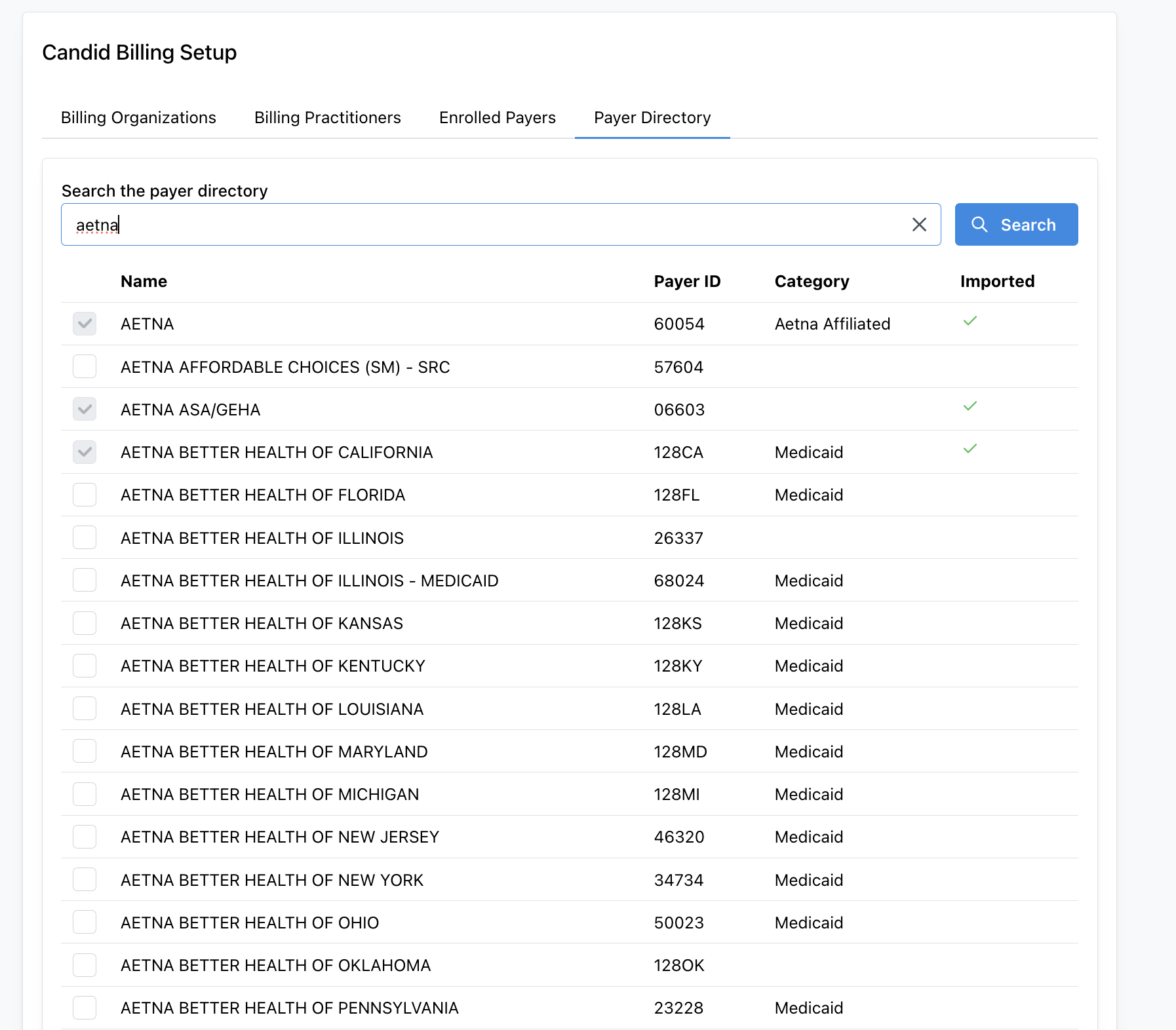 Payer Directory tab with Aetna search results