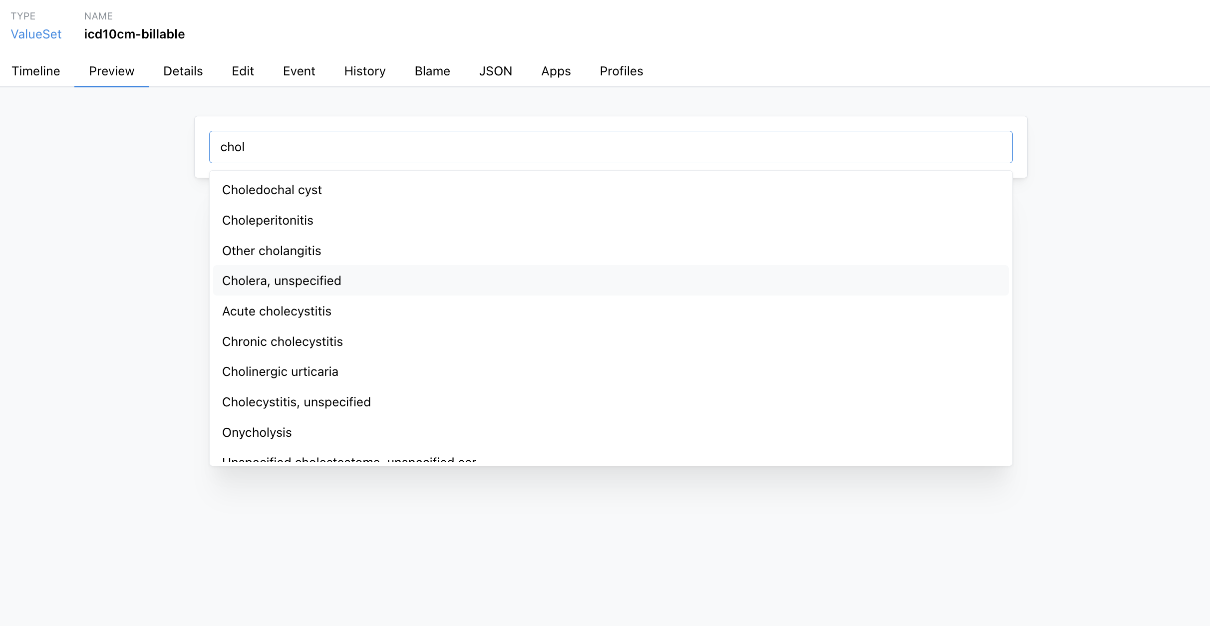 ValueSet Preview search
