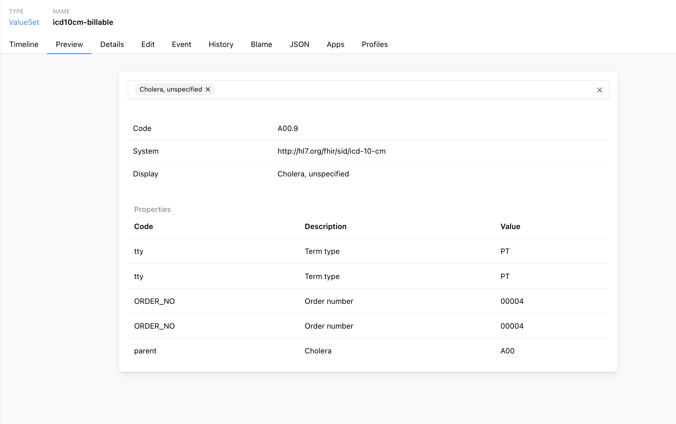 ValueSet Preview selected code