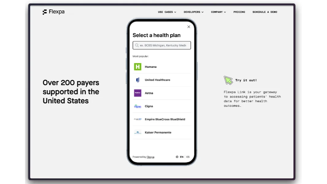Flexpa Link health plan picker, covering 200+ US payers